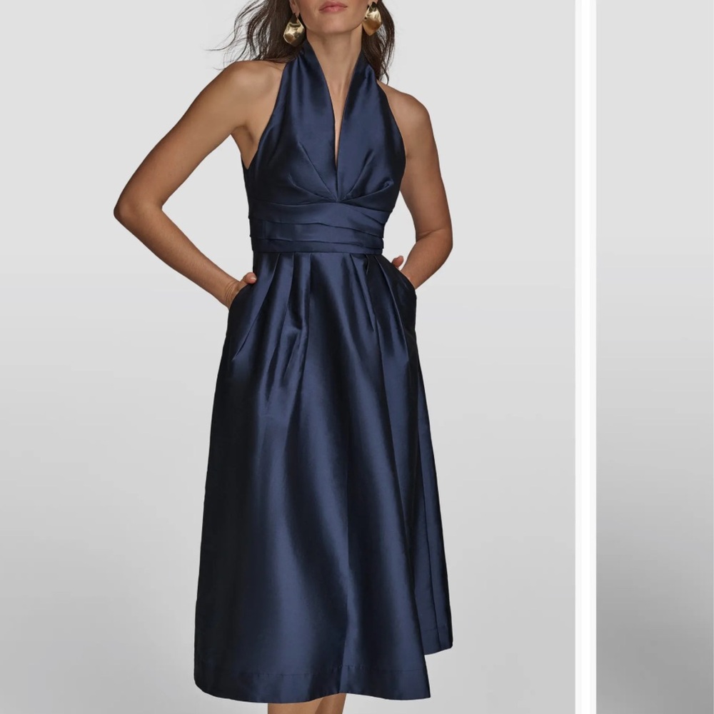Donna Karan New York Plunge Neck Taffeta Midi Dress